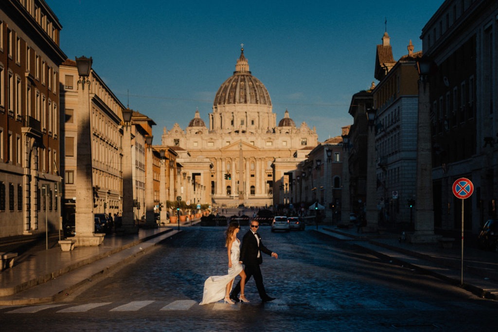 Celebrity style wedding couple in the streets of Rome